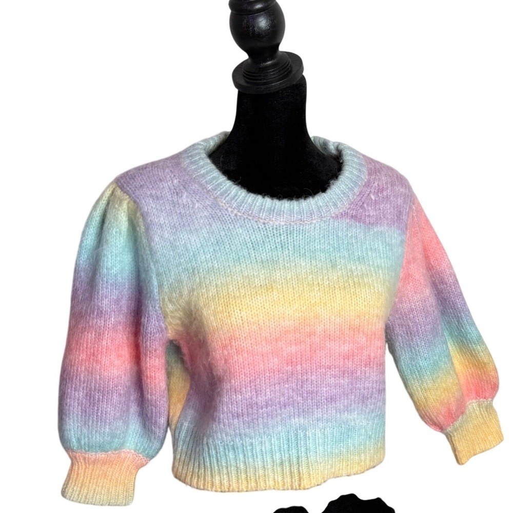 VICI Pastel Rainbow Fuzzy Crop Sweater Puff Sleeve‎ Dopamine Kawaii Kidcore Sz M